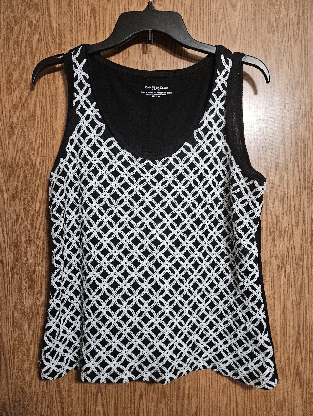 Womens Sequin Tank Top Black and White Design Charter Club Size Petite Medium!